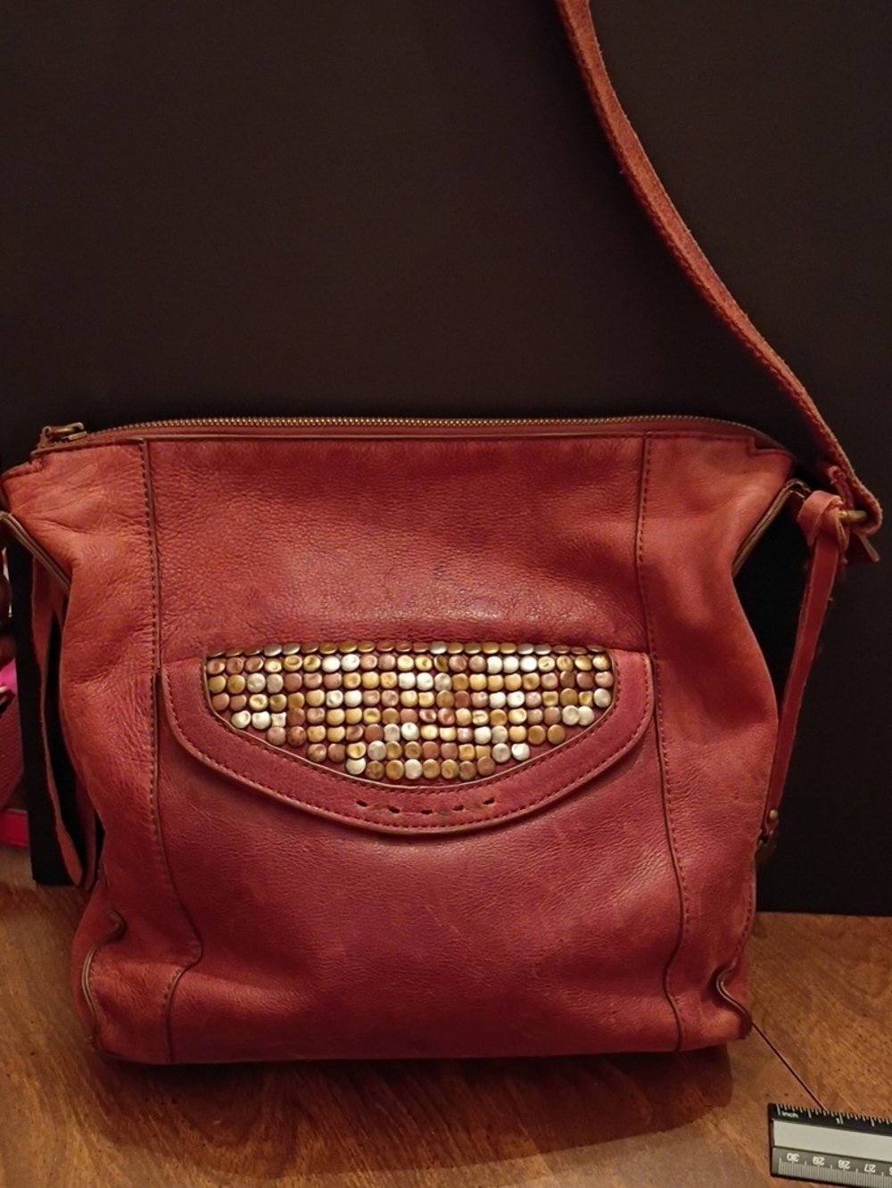 Lucky Brand Red-Brown Leather Crossbody with Stud Detail